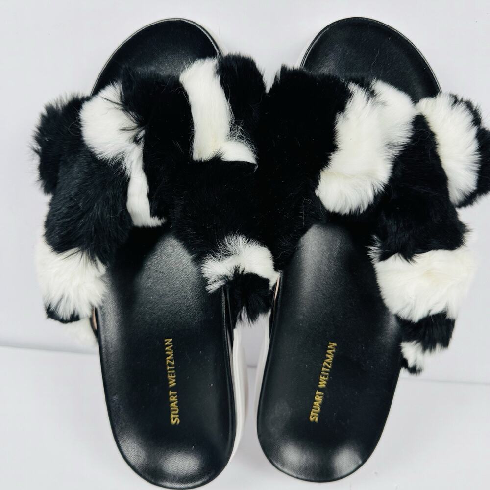 Stuart Weitzman Sublime Sandal Black White Rex Rabbit Fur Size 38 US 7.5 M NIB